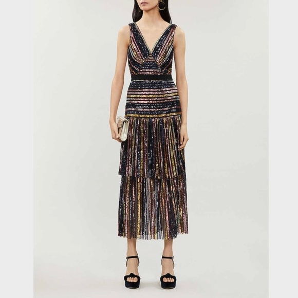 New Self-Portrait Tiered Striped Sequin Midi Dress Multi Color Size 8 - Picture 7 of 9
